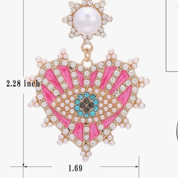 Evil Eye Heart Earrings with pearls and rhinestones pink gold … - Picture 4 of 4